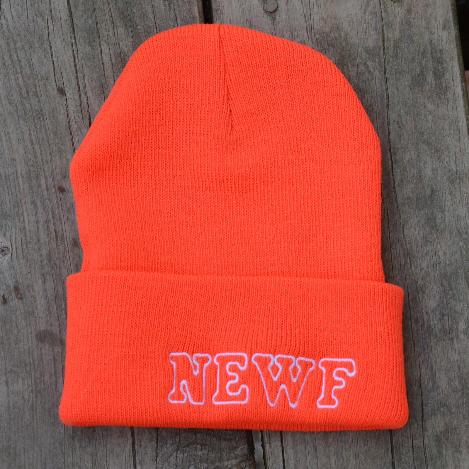 Adult Knit Beanie - Newf, orange, white embroidery