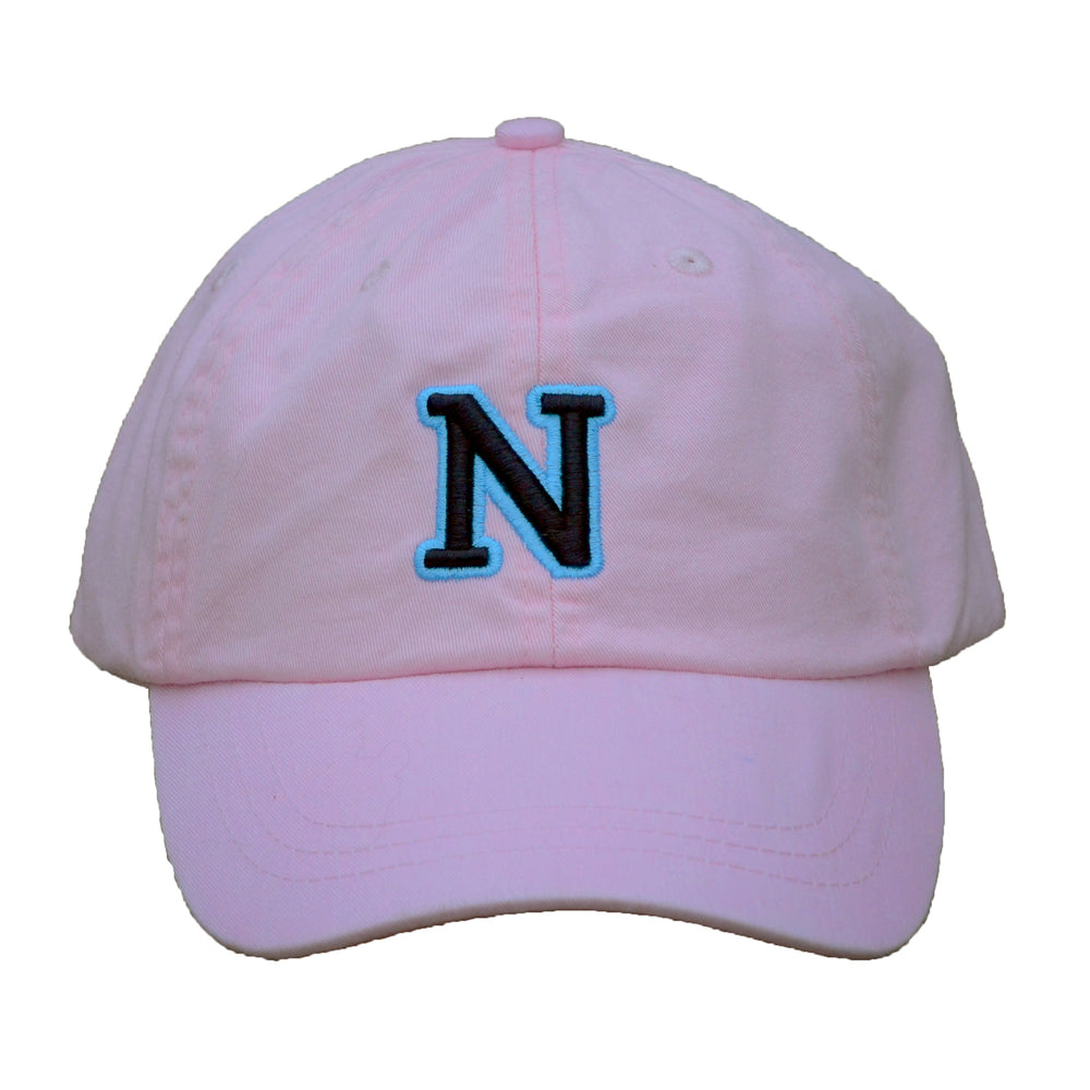N (for newf), embroidered cap - pink & black/blue