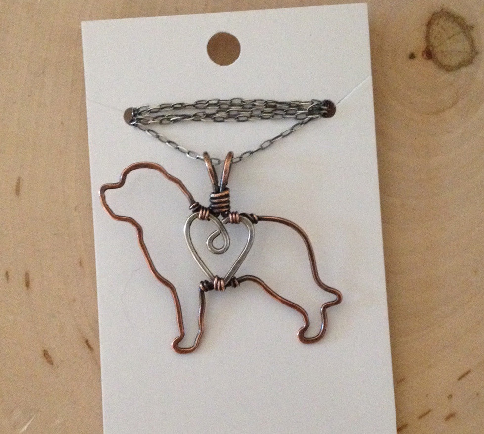 "Copper Saint Bernard Pendant with Sterling Silver Heart & Chain"