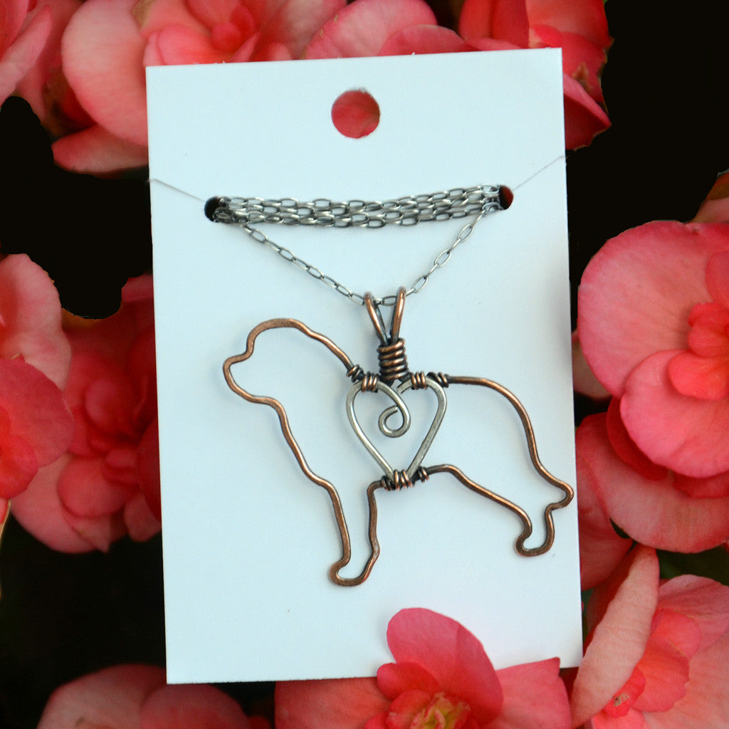 "Copper Saint Bernard Pendant with Sterling Silver Heart & Chain"