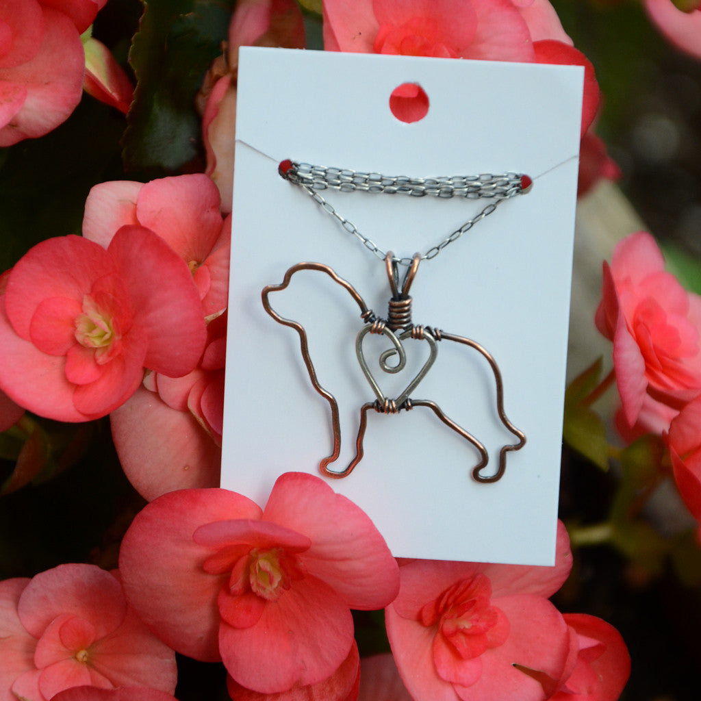 "Copper Saint Bernard Pendant with Sterling Silver Heart & Chain"