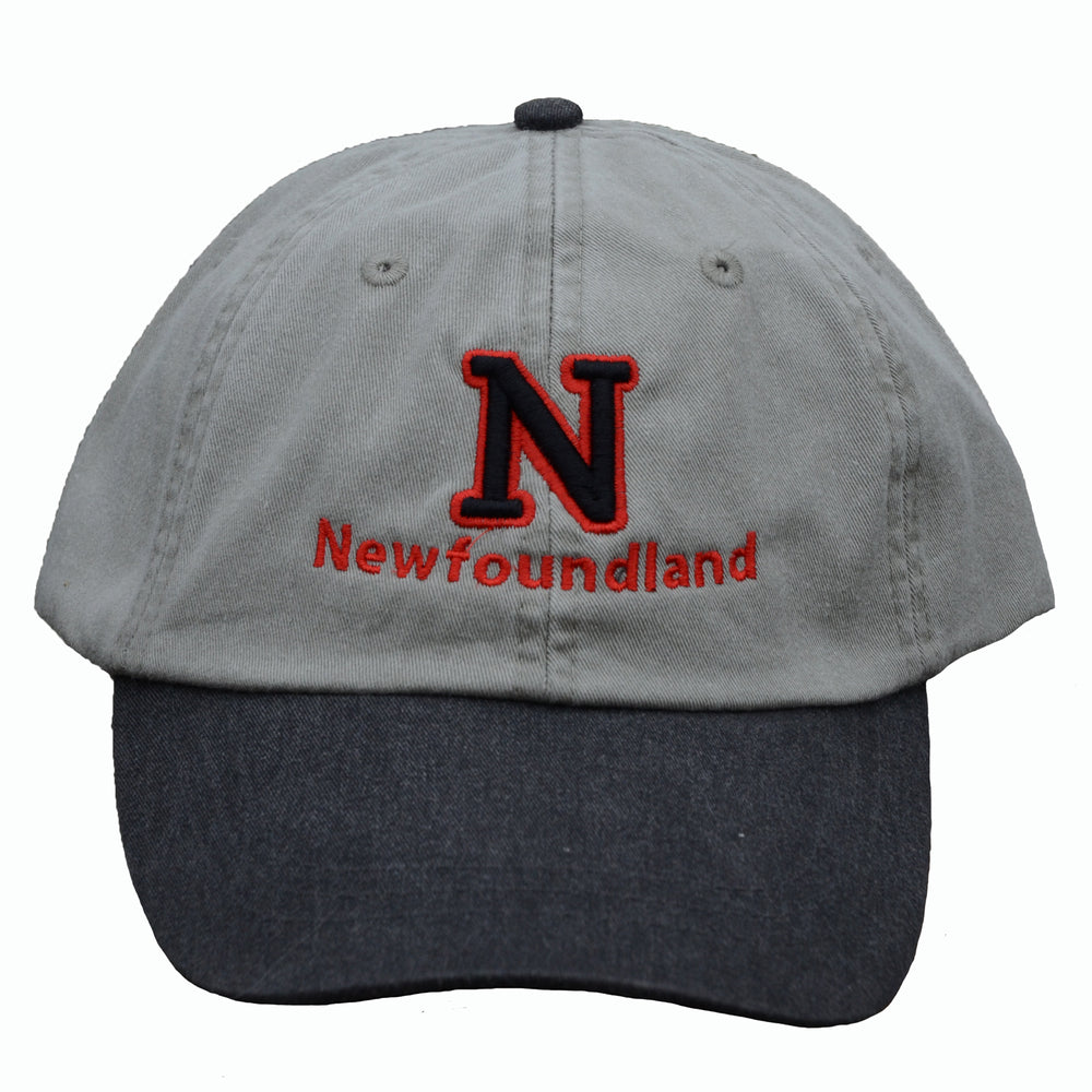 N (for newf), embroidered cap - stone & black/red