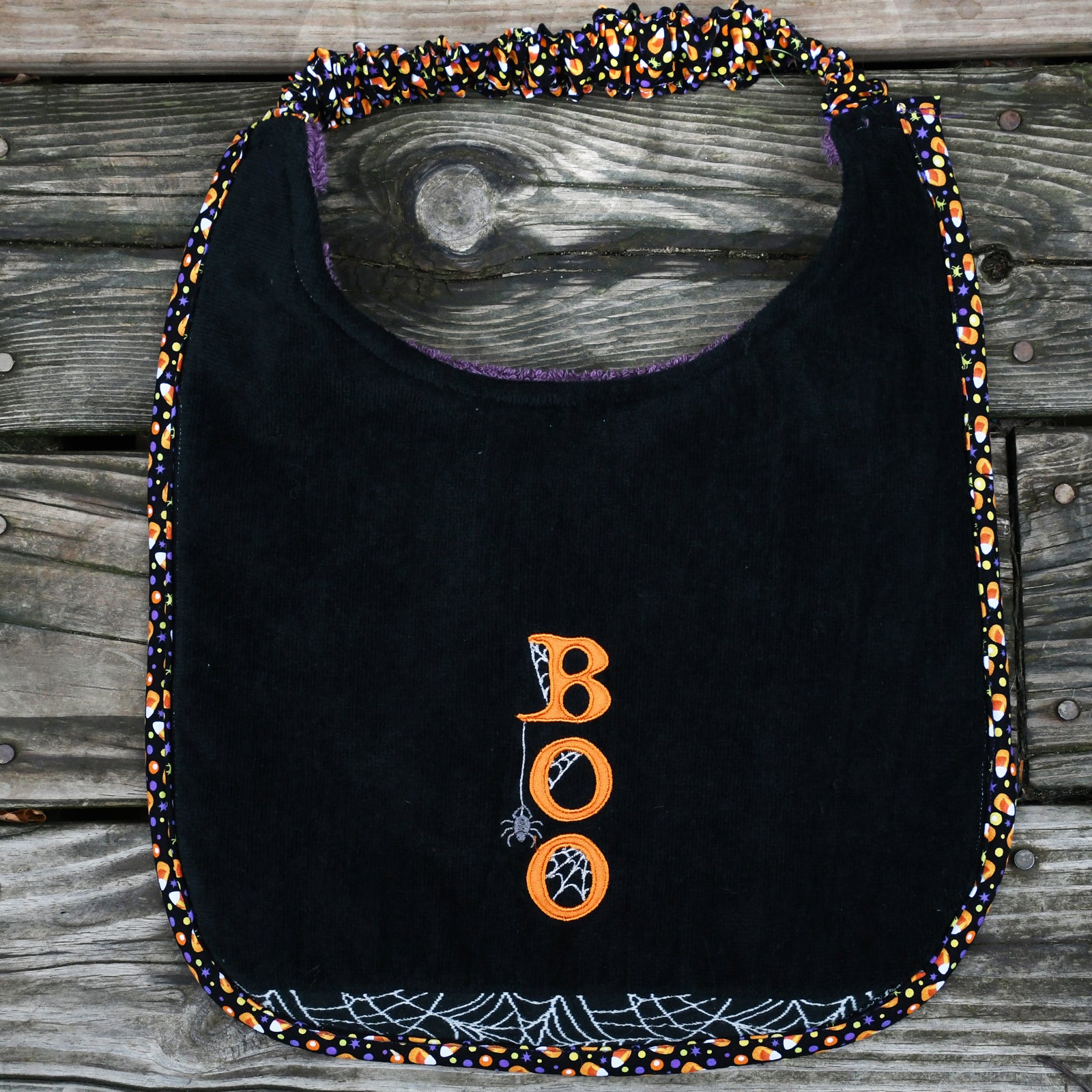 BOO Halloween, Drool Bib (small candy corn trim)