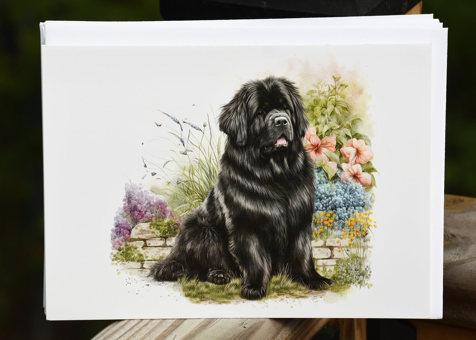 Newfie in the Garden - blank greeting card