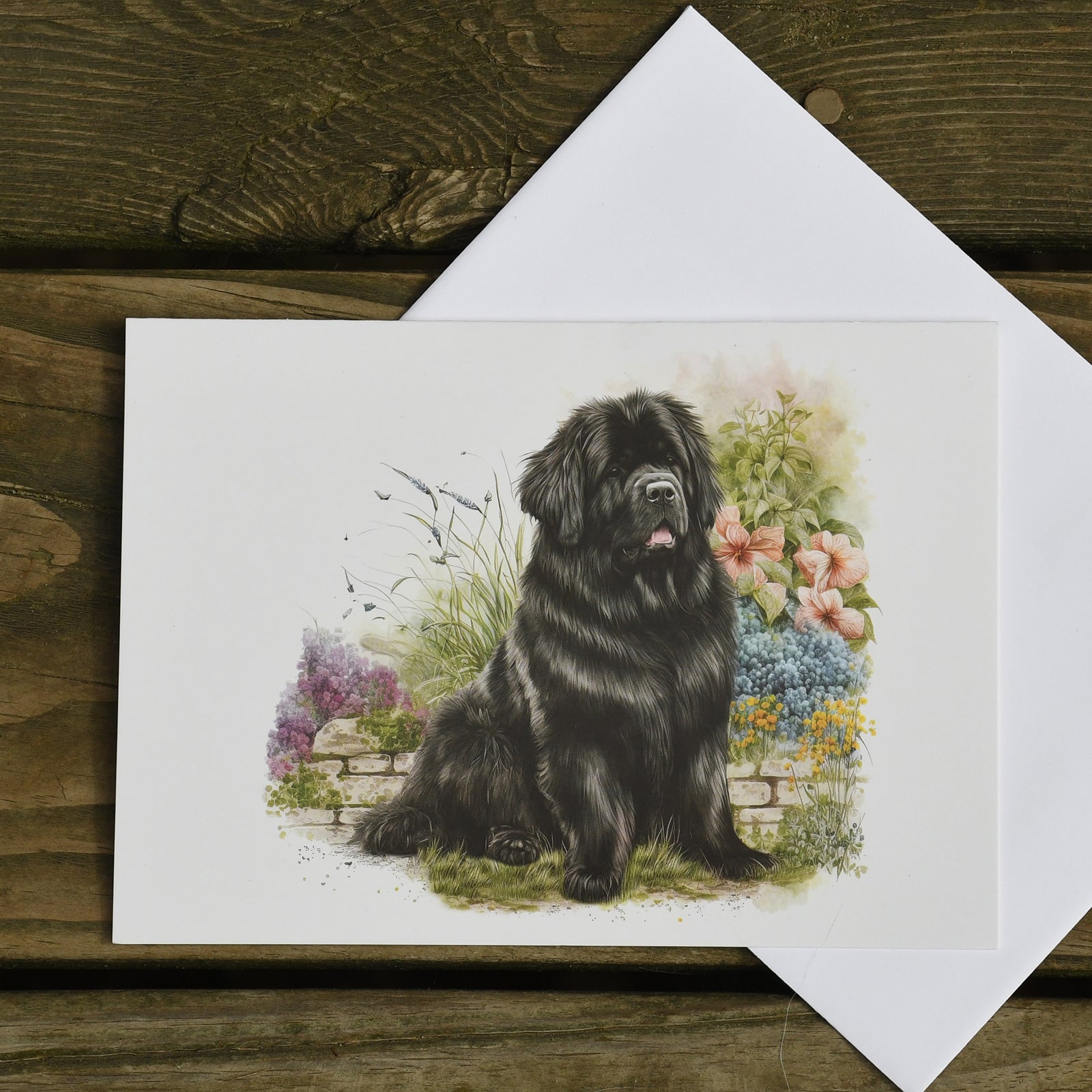 Newfie in the Garden - blank greeting card