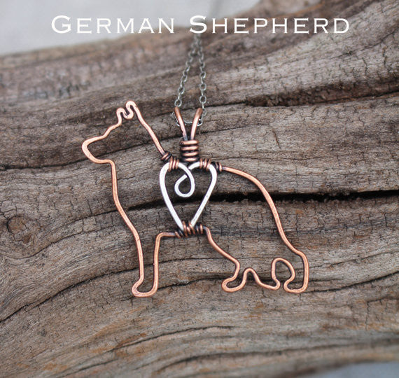 "Copper German Shepherd Pendant with Sterling Silver Heart & Chain"