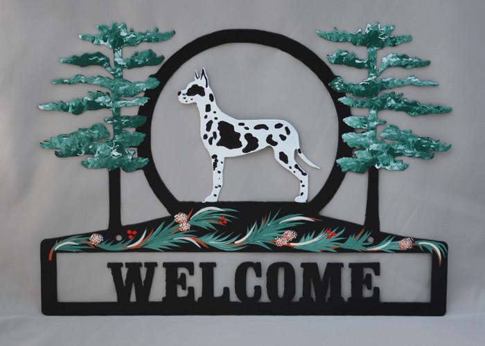 Hand Painted Great Dane Welcome Sign - Harlequin