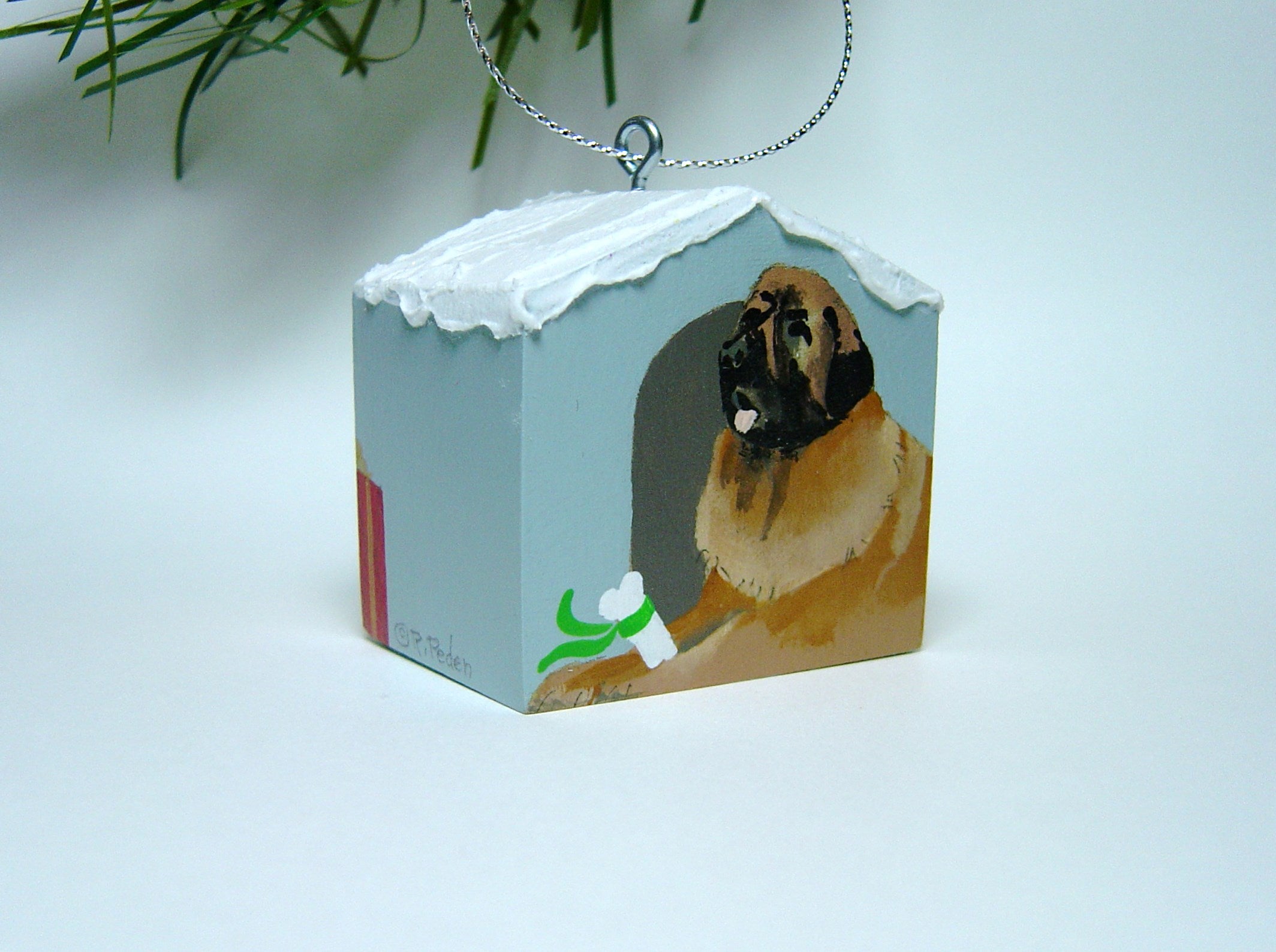 "Hand painted doghouse ornament - Leo"