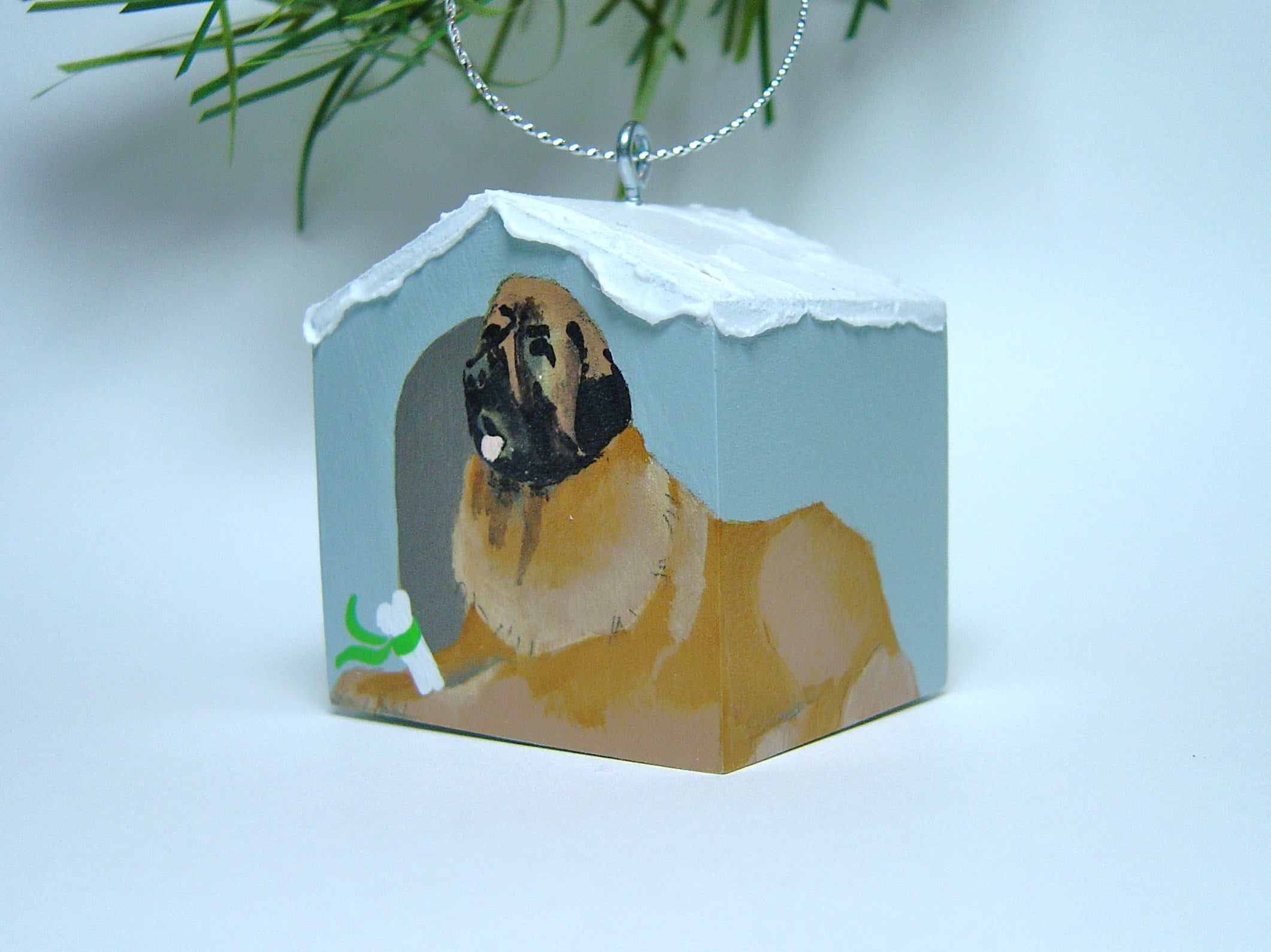 "Hand painted doghouse ornament - Leo"