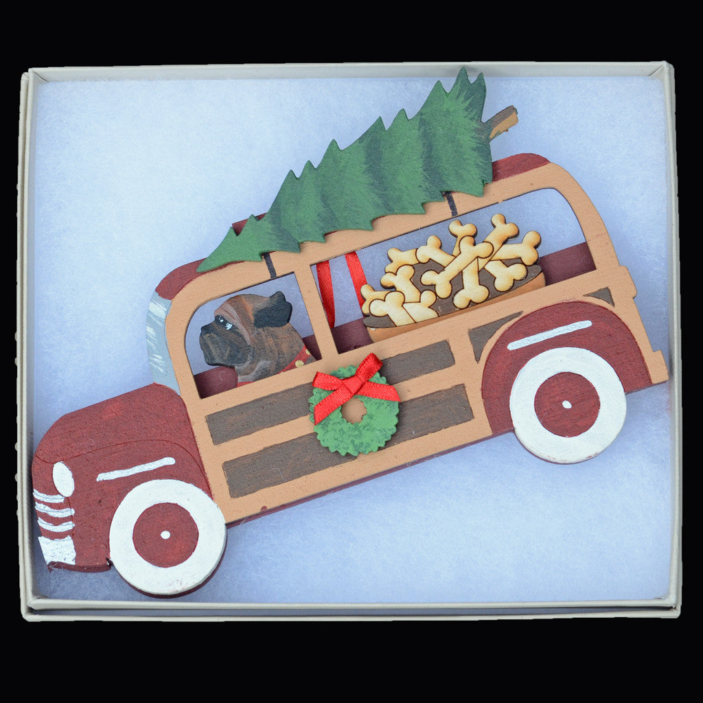 Holiday Red Woody Wagon Bullmastiff Ornament - Brindle