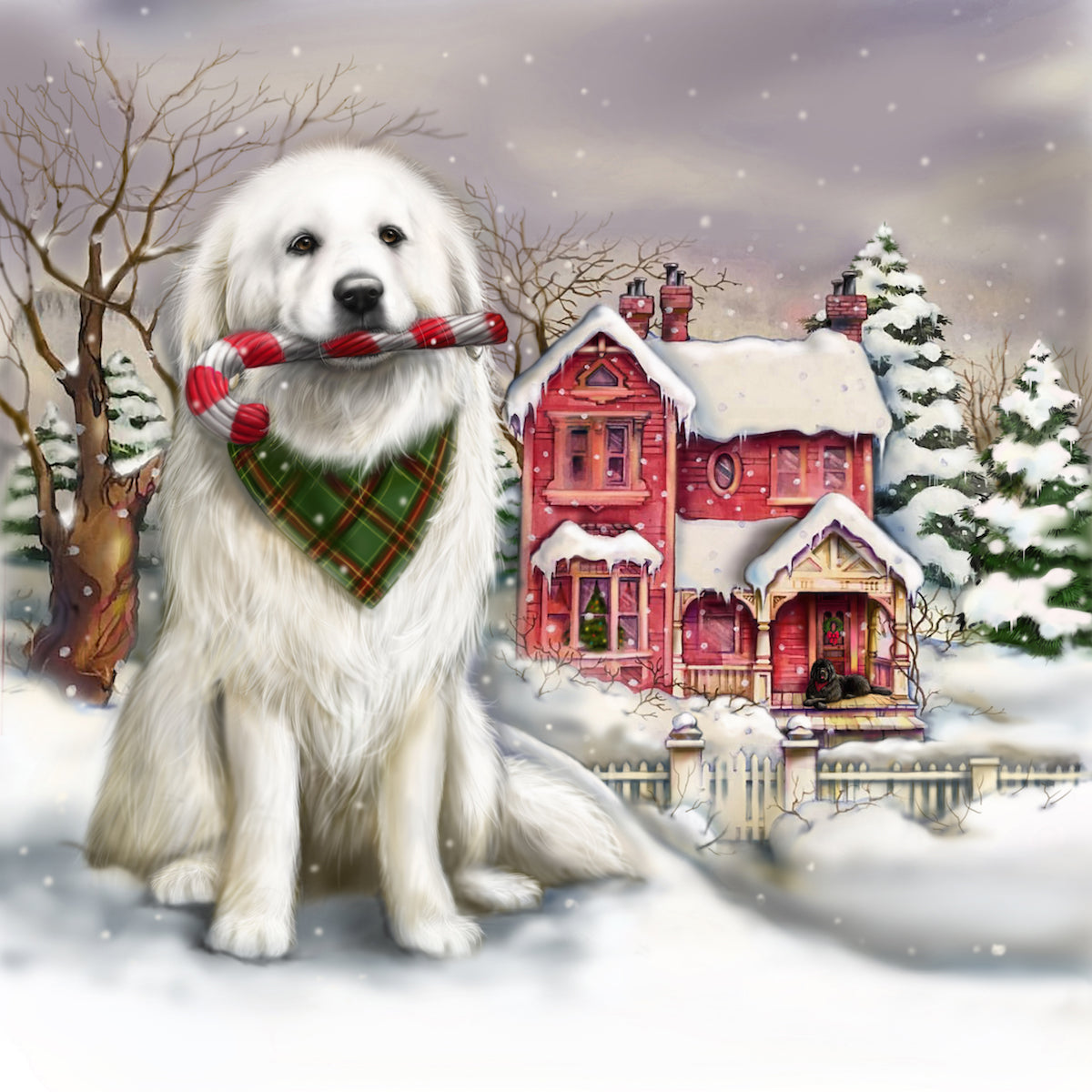 Big dog Christmas, pyr & newf on porch - sold individually