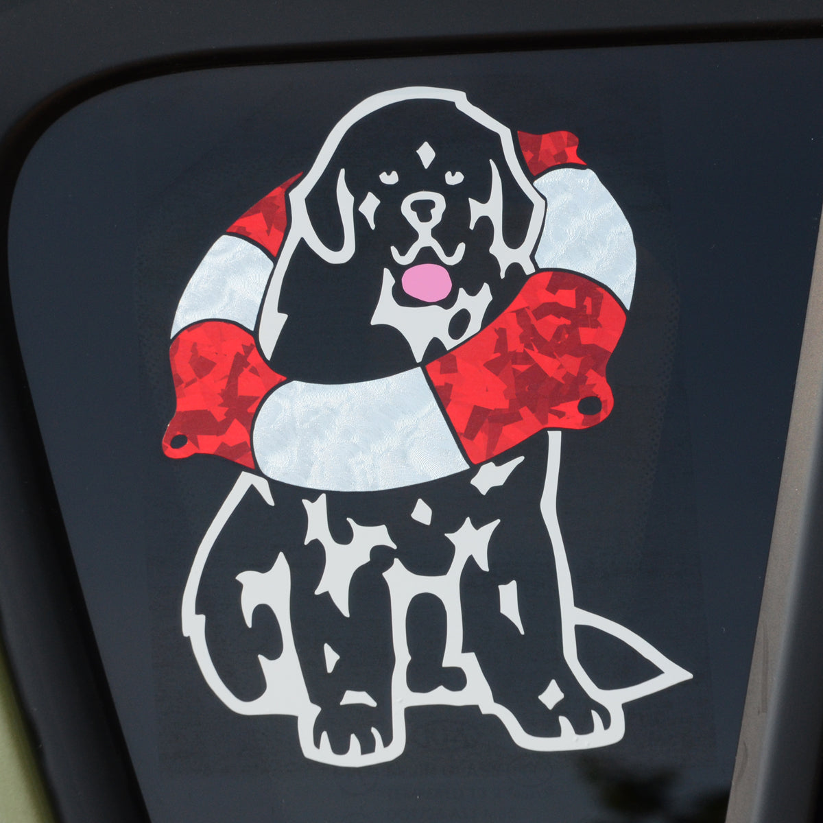 "Newf with Life Ring Decal For Tinted Glass"