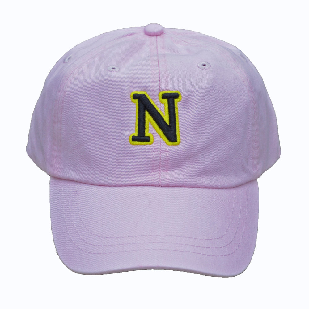 N (for newf), embroidered cap - pink & black/yellow