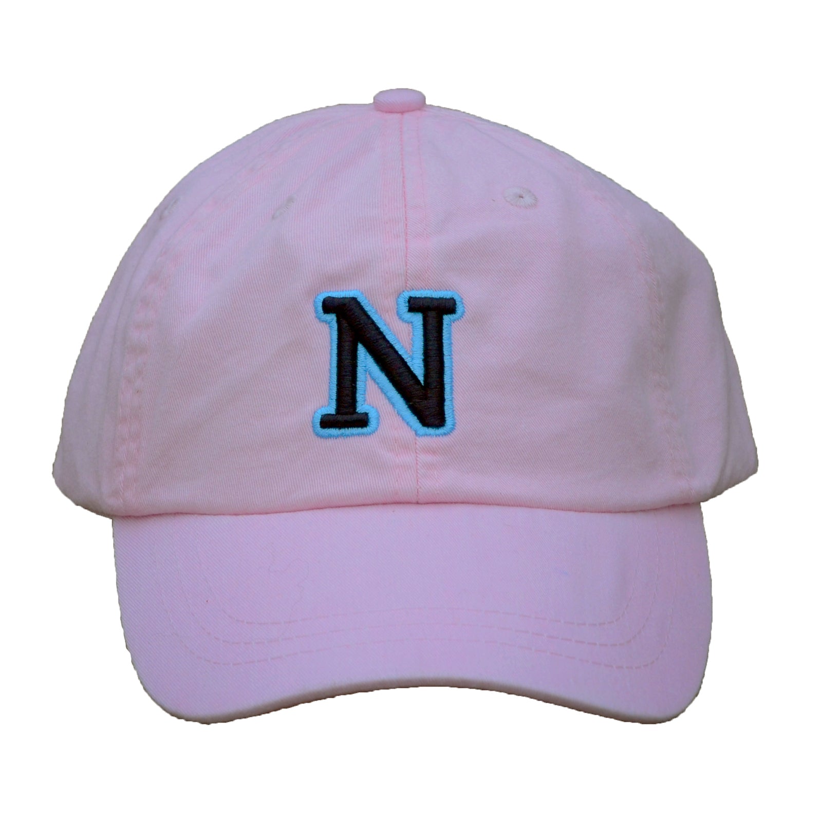 N (for newf), embroidered cap - pink & black/blue